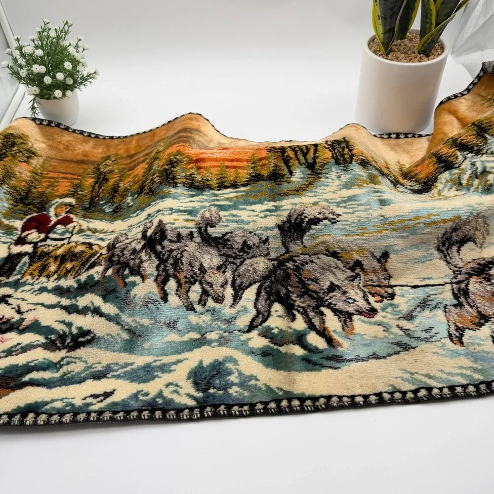 Vintage R.T. Co. Italy Dog Sled Wolf Team Plush Tapestry Wall Hanging 38x19